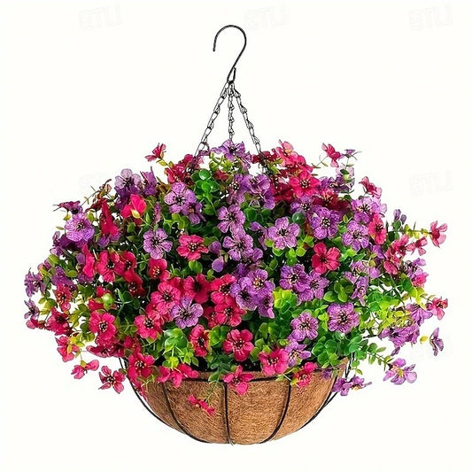 Faux Floral Hanging Planter for Outdoor Balcony and Garden Wall Display