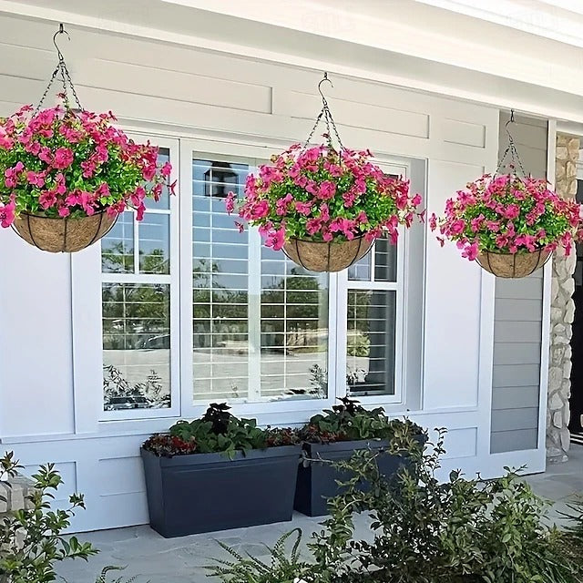 Faux Floral Hanging Planter for Outdoor Balcony and Garden Wall Display