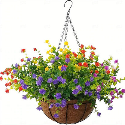 Faux Floral Hanging Planter for Outdoor Balcony and Garden Wall Display