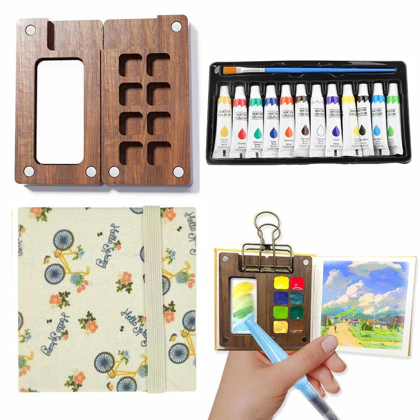 Mini Pocket Watercolor Palette Set with Paint Brush and Watercolor Book for Travel