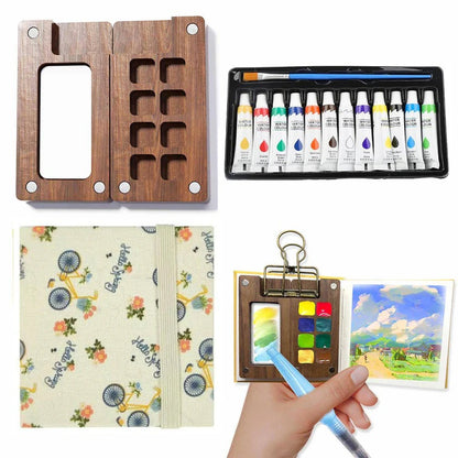 Mini Pocket Watercolor Palette Set with Paint Brush and Watercolor Book for Travel