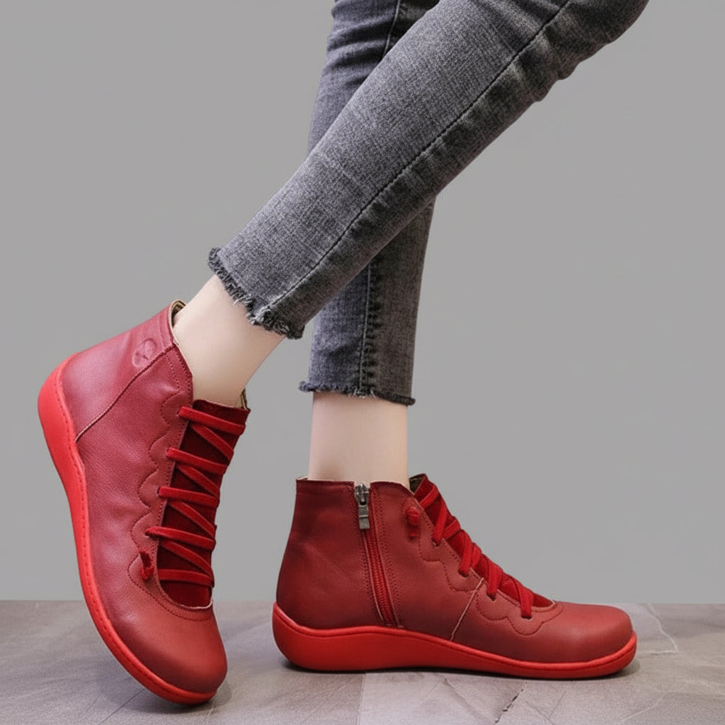 Women's Leather-Look Ankle Boots with Chunky Heel and Side Zipper Closure
