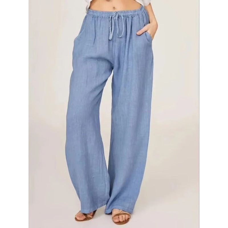 Women's Casual Linen Blend Wide Leg Pants with Drawstring Waist and Side Pockets
