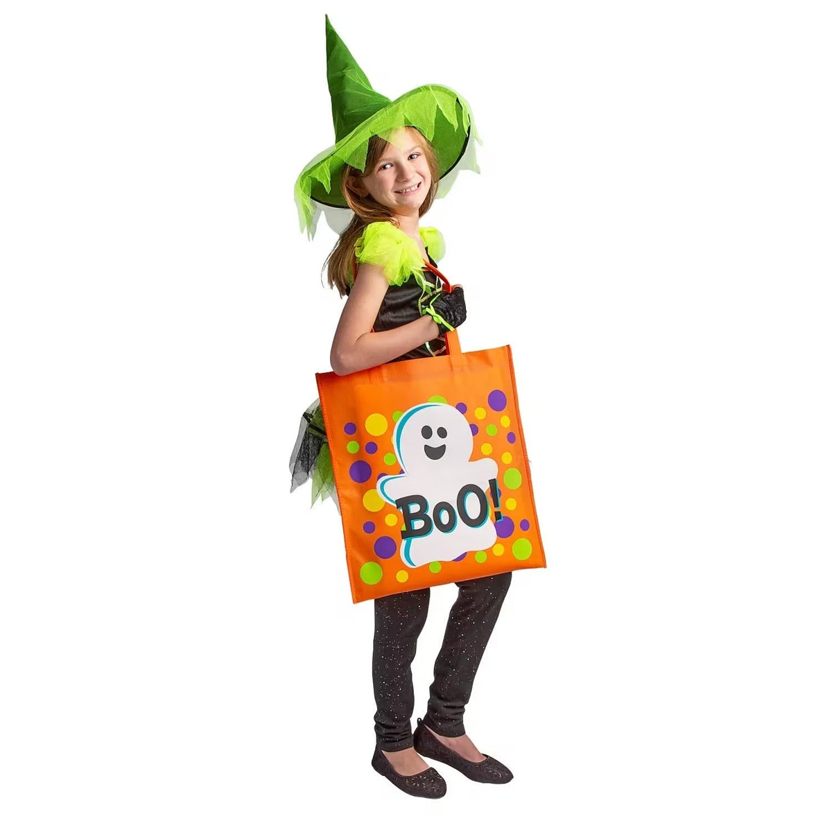 Reusable Halloween Tote Bags Set of 12 in Four Neon Colors with Candy and Ghost Graphics