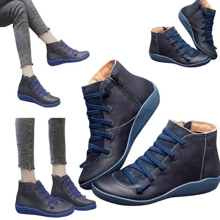Women's Leather-Look Ankle Boots with Chunky Heel and Side Zipper Closure