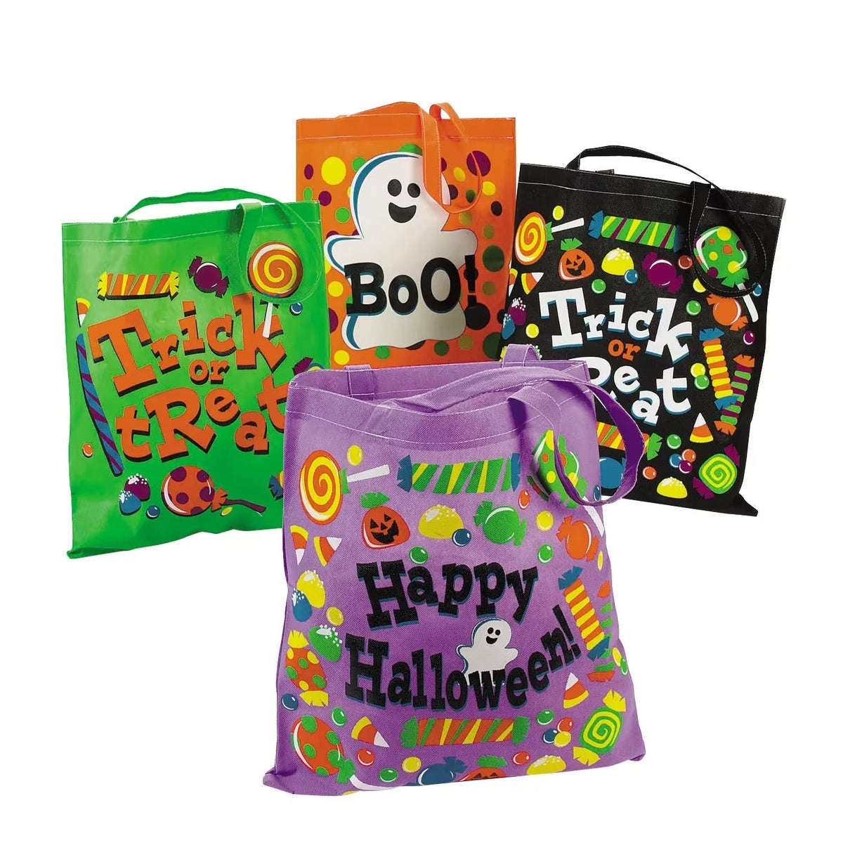 Reusable Halloween Tote Bags Set of 12 in Four Neon Colors with Candy and Ghost Graphics