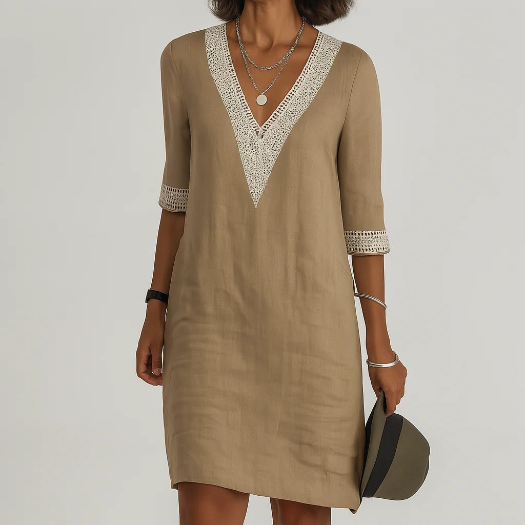 Women's Relaxed Fit Linen Knee Length Dress with Functional Pockets