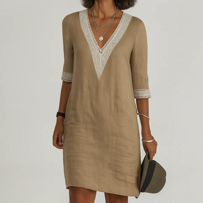 Women's Relaxed Fit Linen Knee Length Dress with Functional Pockets