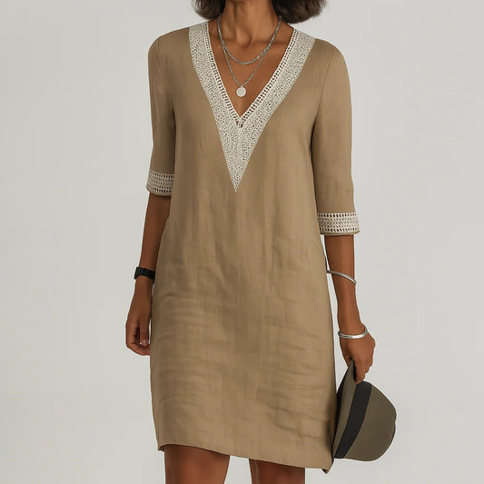 Women's Relaxed Fit Linen Knee Length Dress with Functional Pockets