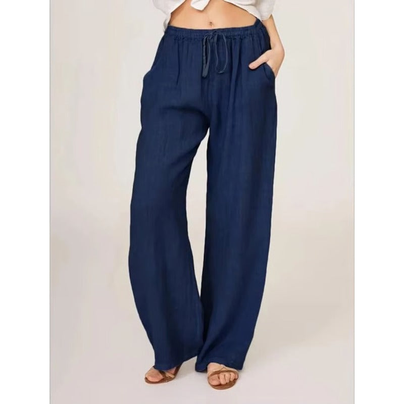 Women's Casual Linen Blend Wide Leg Pants with Drawstring Waist and Side Pockets