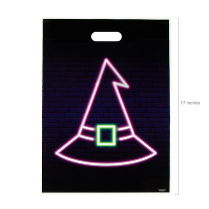Neon Outline Halloween Goody Bags Pack of 100 with Bat Pumpkin Witch Hat and Skull Designs