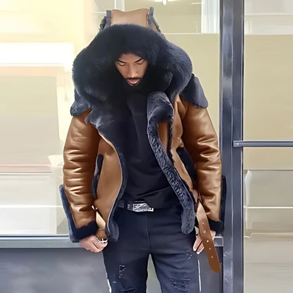 Mens Faux Leather Jacket with Faux Fur Hood and Lining