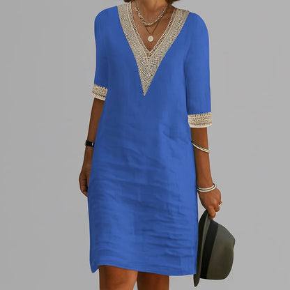 Women's Relaxed Fit Linen Knee Length Dress with Functional Pockets