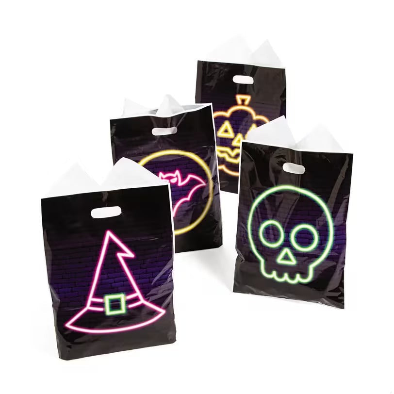 Neon Outline Halloween Goody Bags Pack of 100 with Bat Pumpkin Witch Hat and Skull Designs