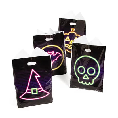 Neon Outline Halloween Goody Bags Pack of 100 with Bat Pumpkin Witch Hat and Skull Designs