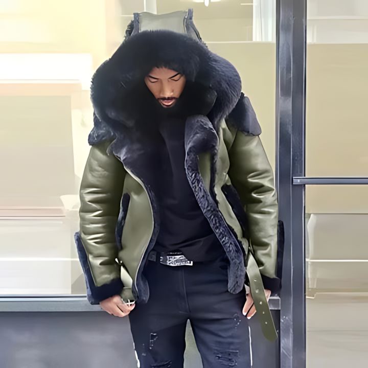 Mens Faux Leather Jacket with Faux Fur Hood and Lining