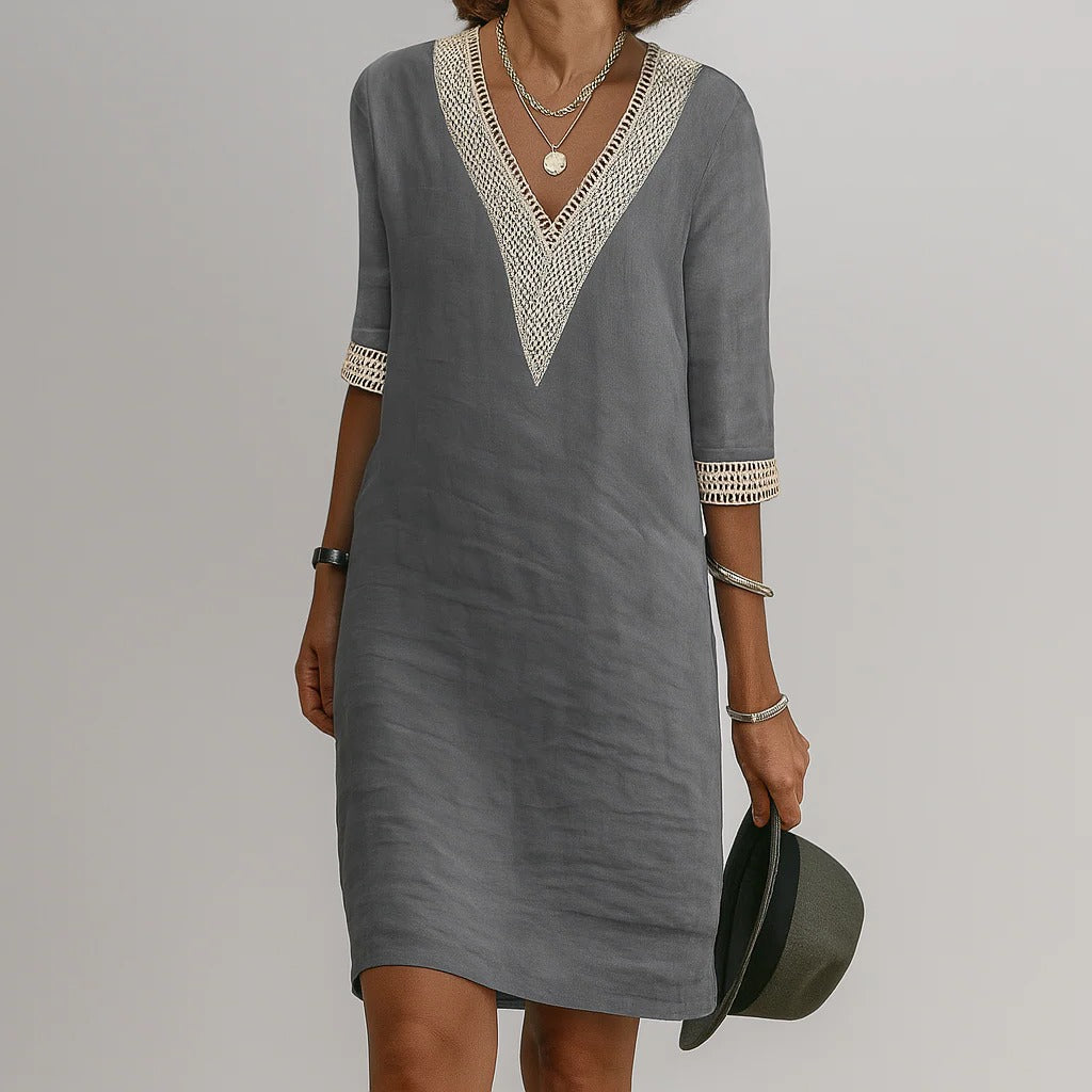 Women's Relaxed Fit Linen Knee Length Dress with Functional Pockets