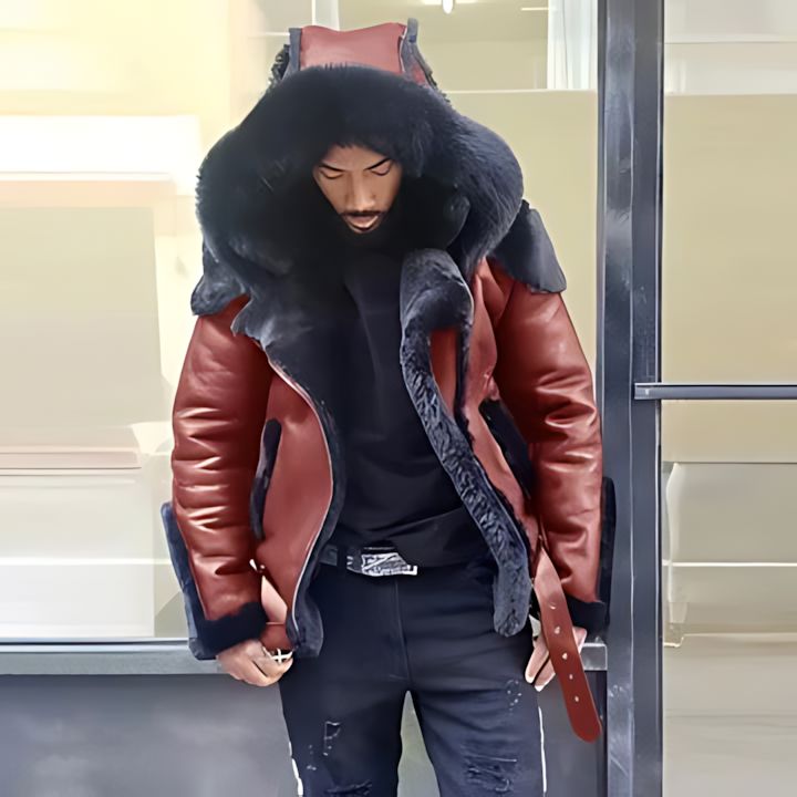 Mens Faux Leather Jacket with Faux Fur Hood and Lining