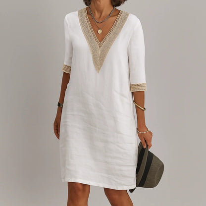 Women's Relaxed Fit Linen Knee Length Dress with Functional Pockets