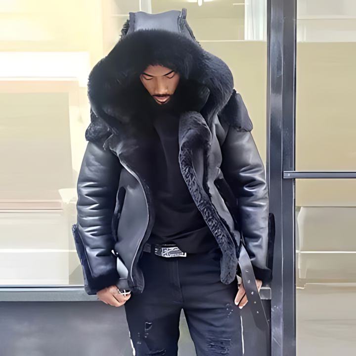 Mens Faux Leather Jacket with Faux Fur Hood and Lining