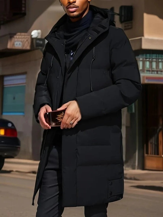 Mens Long Winter Jacket with Adjustable Hood and Multiple Pockets in Three Colors