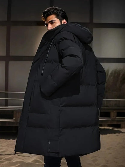 Mens Long Winter Jacket with Adjustable Hood and Multiple Pockets in Three Colors
