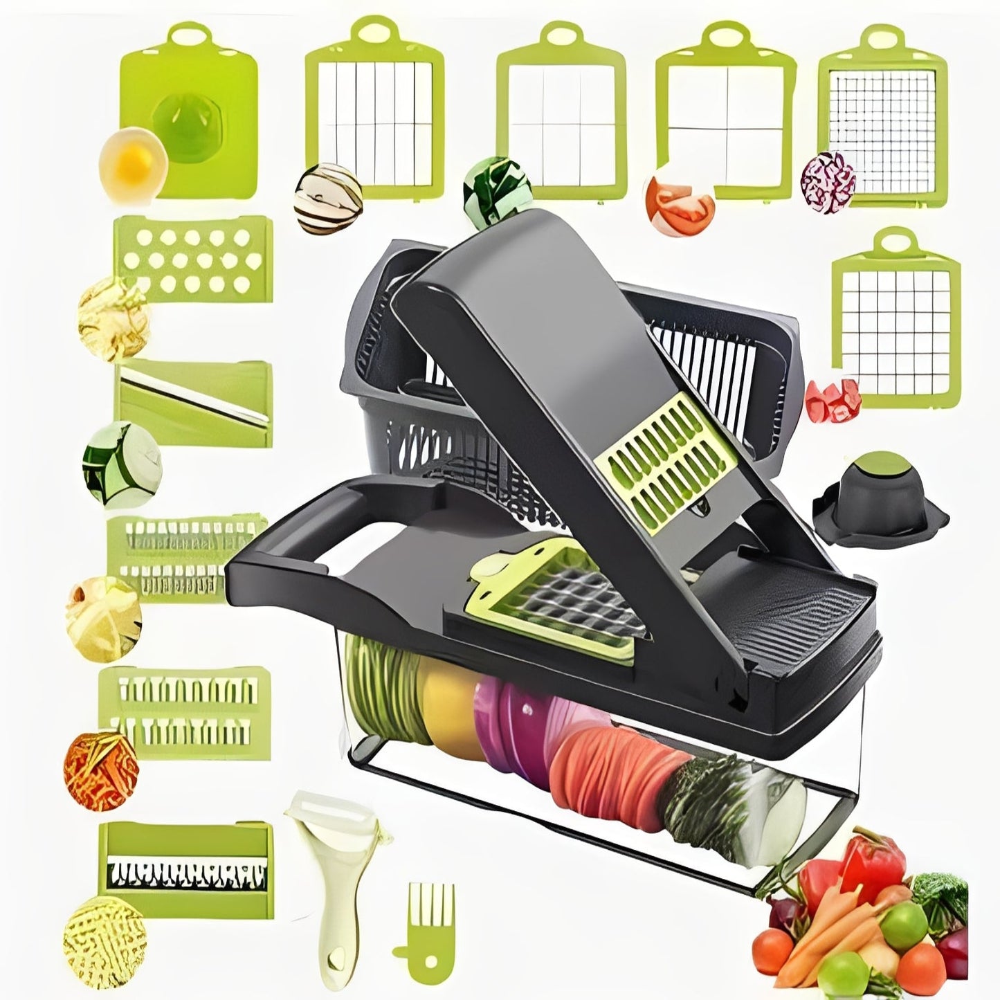 Multi Function Vegetable Slicer with Storage Container and Safety Grip