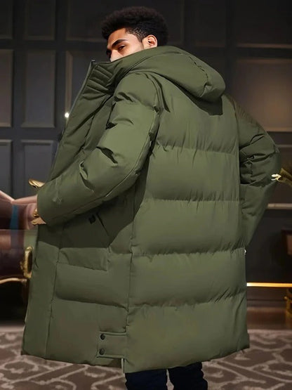 Mens Long Winter Jacket with Adjustable Hood and Multiple Pockets in Three Colors