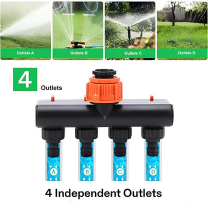 4-Way Metal Garden Hose Splitter with Adjustable Flow Valves