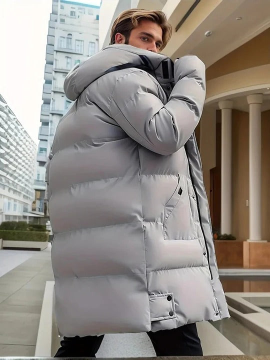 Mens Long Winter Jacket with Adjustable Hood and Multiple Pockets in Three Colors