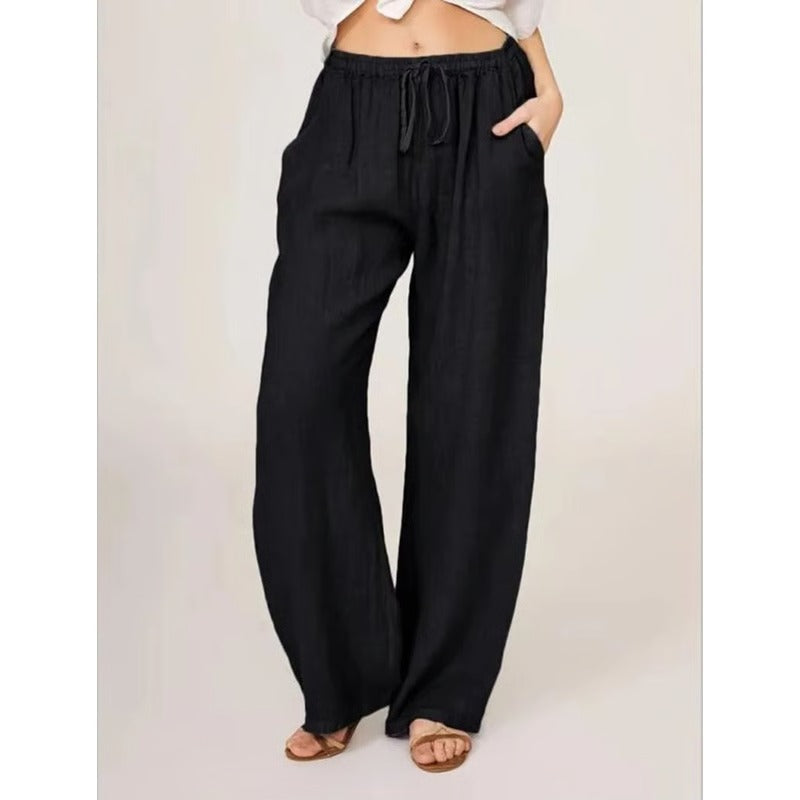 Women's Casual Linen Blend Wide Leg Pants with Drawstring Waist and Side Pockets