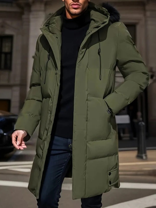 Mens Long Winter Jacket with Adjustable Hood and Multiple Pockets in Three Colors