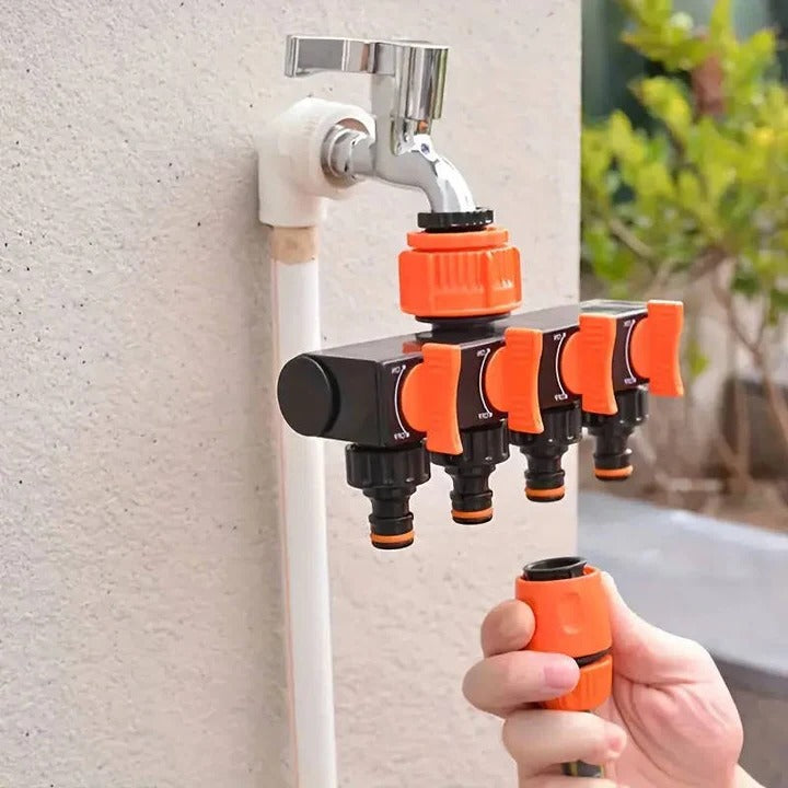 4-Way Metal Garden Hose Splitter with Adjustable Flow Valves