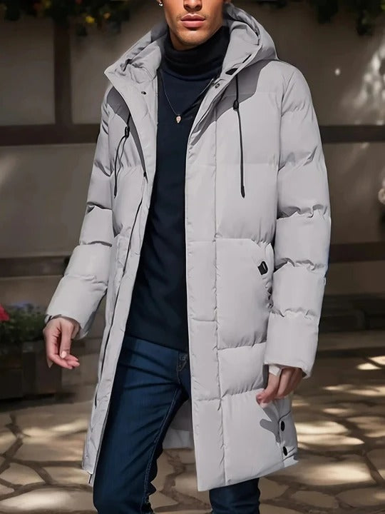 Mens Long Winter Jacket with Adjustable Hood and Multiple Pockets in Three Colors