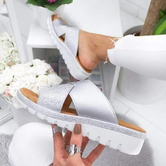 Glitter Cross-Strap Slide Sandals with Treaded Platform Sole