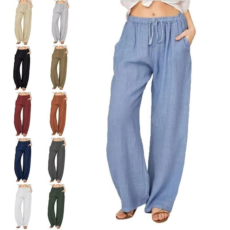 Women's Casual Linen Blend Wide Leg Pants with Drawstring Waist and Side Pockets