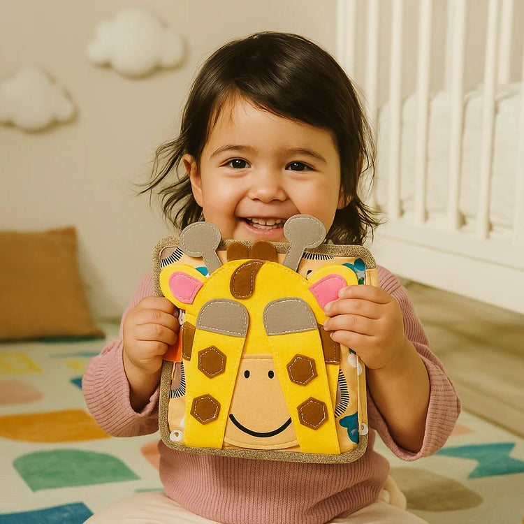 Soft Quiet Sensory Activity Book for Toddlers with Giraffe Story and Hands On Page Tasks