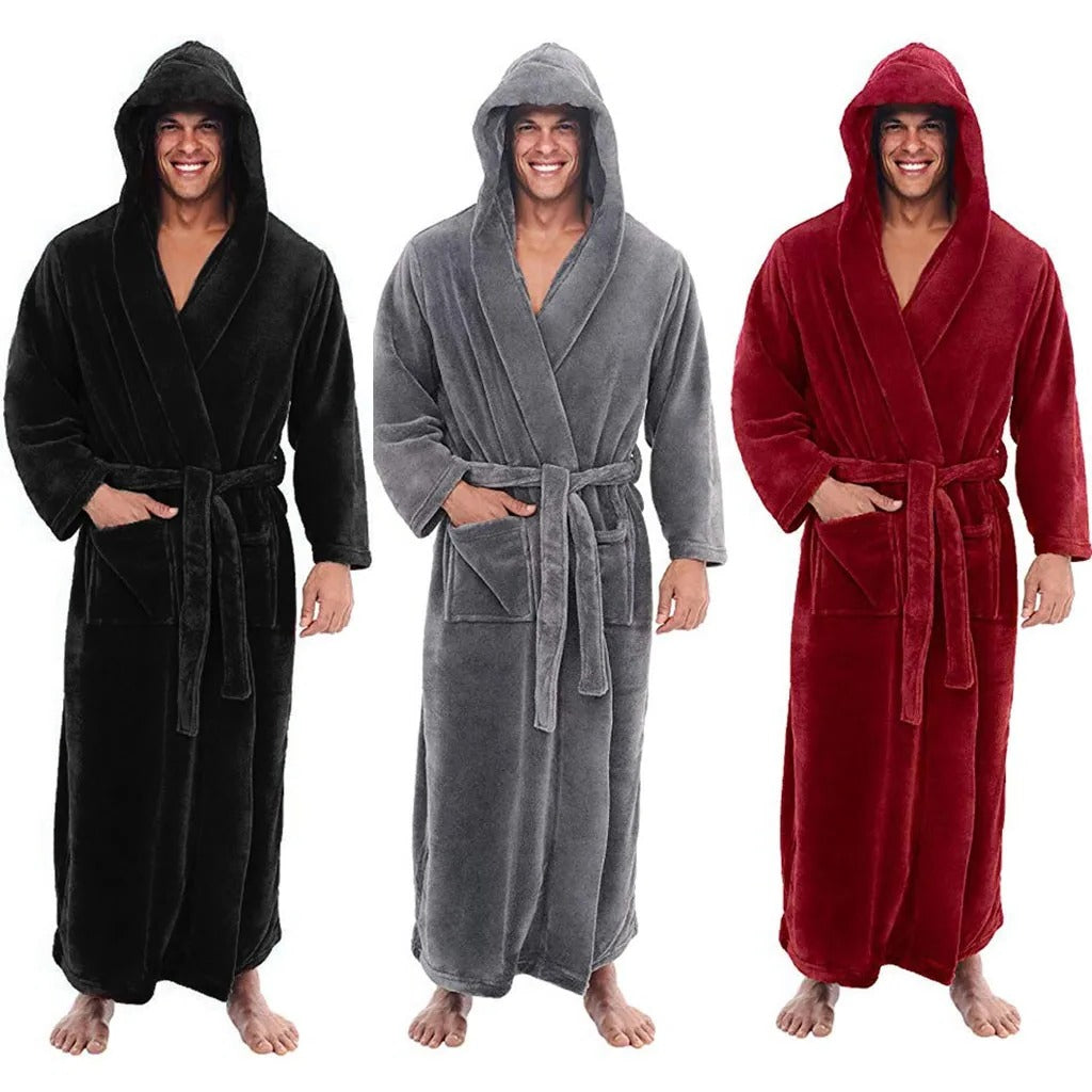 Plush Fleece Men's Bathrobe with Hood and Pockets