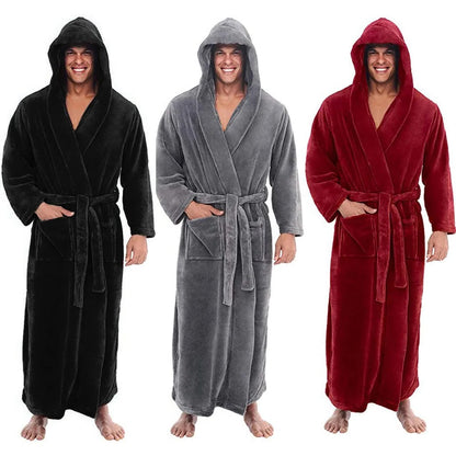 Plush Fleece Men's Bathrobe with Hood and Pockets