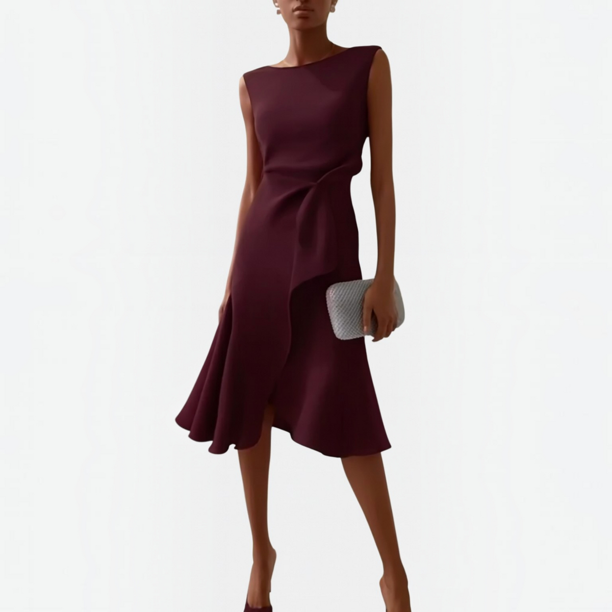 Asymmetric Midi Dress with Draped Hem and Sleeveless Cut, Lightweight Knit