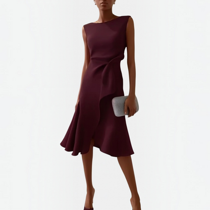 Asymmetric Midi Dress with Draped Hem and Sleeveless Cut, Lightweight Knit