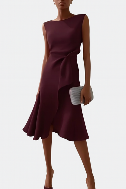 Asymmetric Midi Dress with Draped Hem and Sleeveless Cut, Lightweight Knit