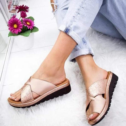 Glitter Cross-Strap Slide Sandals with Treaded Platform Sole