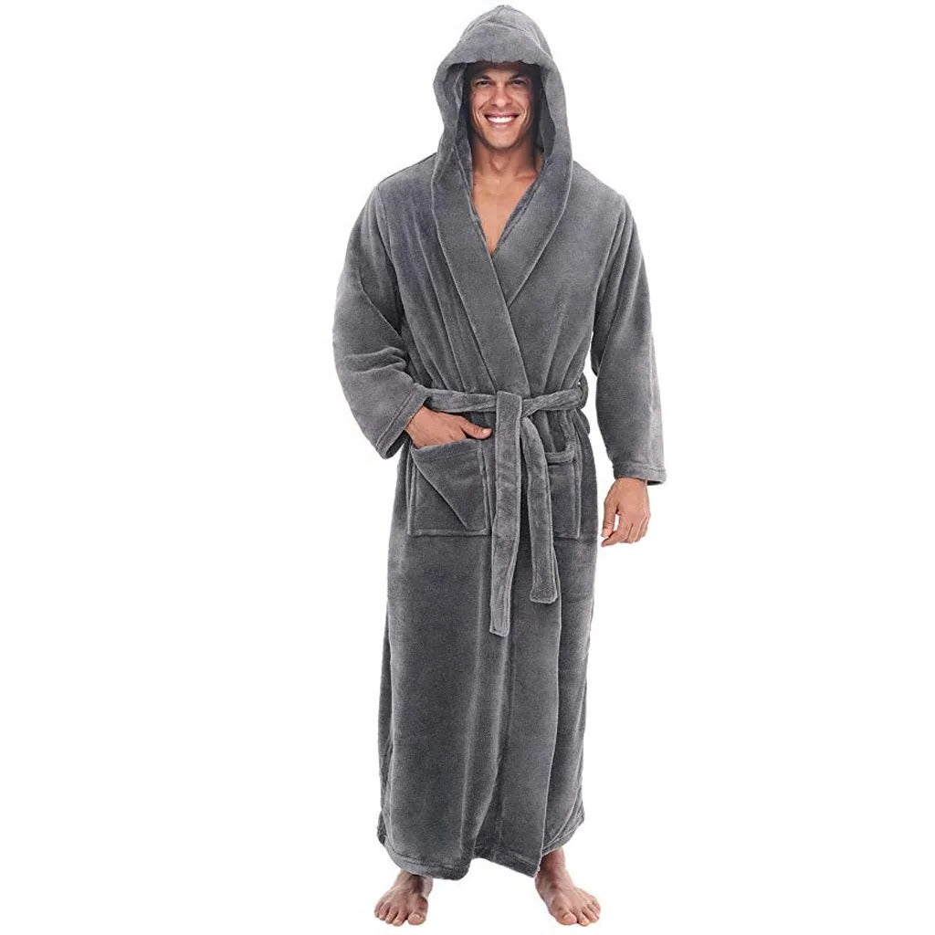 Plush Fleece Men's Bathrobe with Hood and Pockets