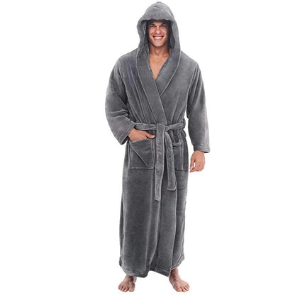 Plush Fleece Men's Bathrobe with Hood and Pockets