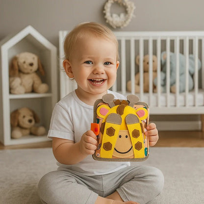 Soft Quiet Sensory Activity Book for Toddlers with Giraffe Story and Hands On Page Tasks