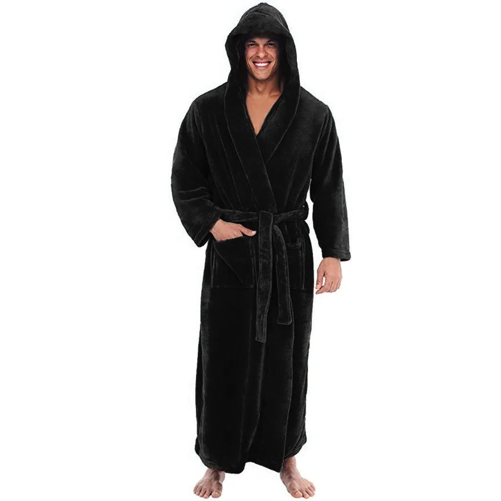 Plush Fleece Men's Bathrobe with Hood and Pockets