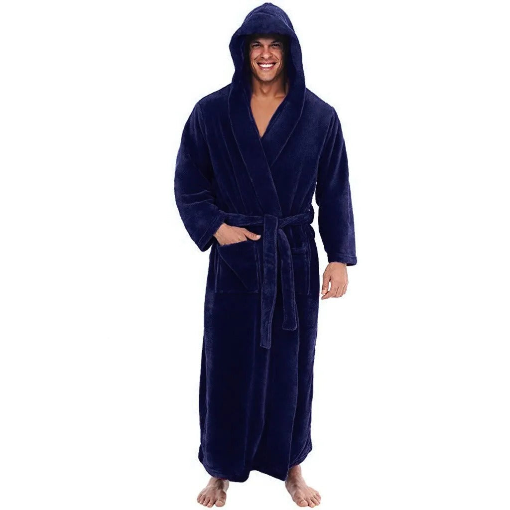 Plush Fleece Men's Bathrobe with Hood and Pockets