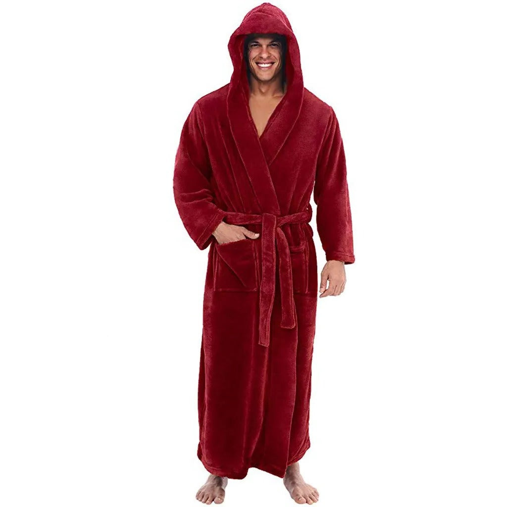 Plush Fleece Men's Bathrobe with Hood and Pockets