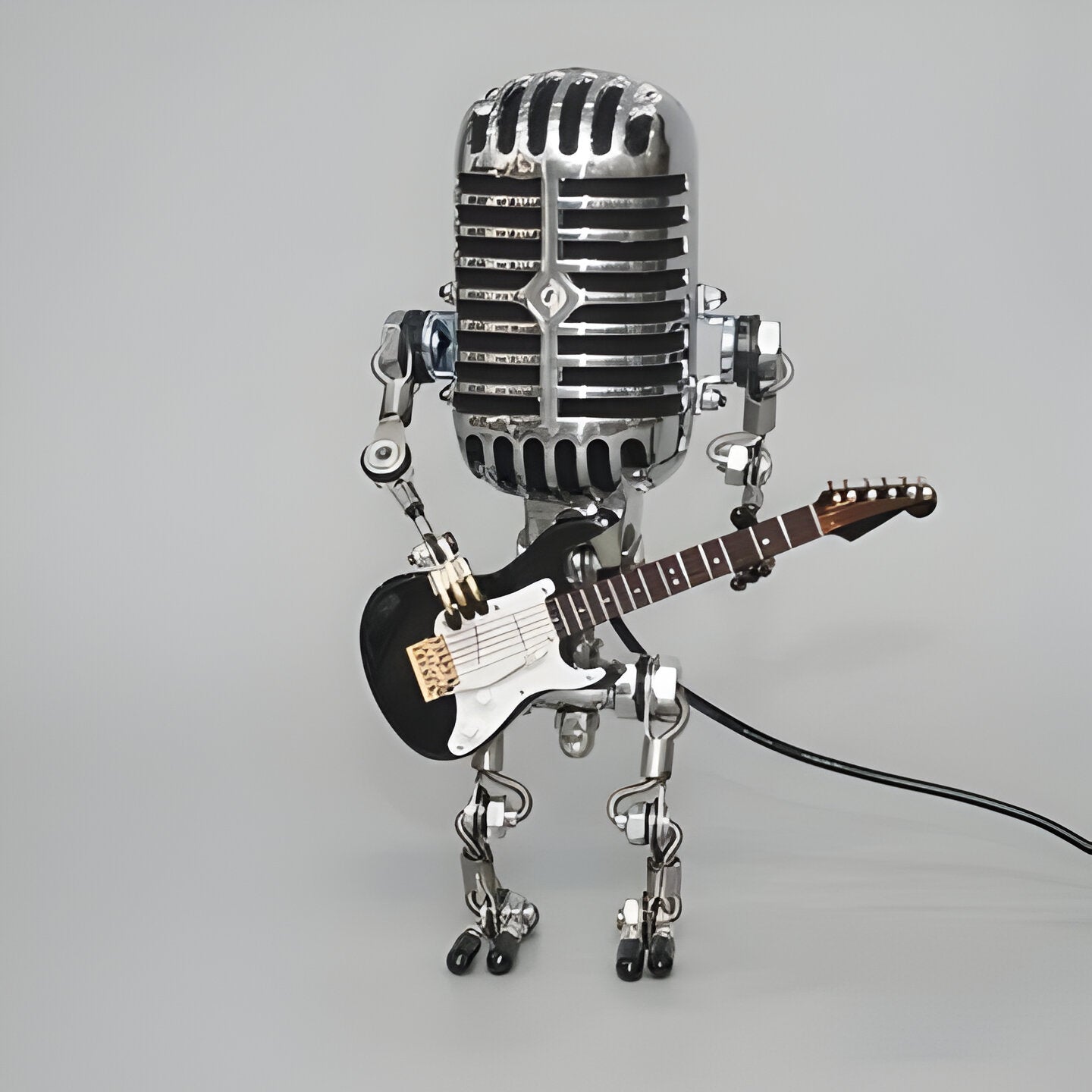 Vintage Metal Microphone Robot With Guitar Lamp